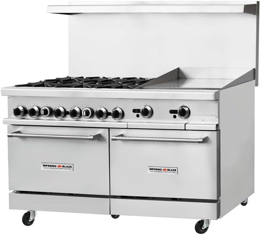 Inferno Blaze IB-GR-6024G 60” Wide, 6 Burner Range, 24” Wide Manual Griddle, 2 Commercial Gas Oven - CSA Certified, Stainless Steel Exterior Griddle for Gas Range - Perfect for Commercial Kitchens