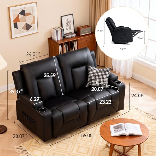 Image of COMHOMA Living Room Furniture Set,Faux Leather Manual Recliner Sofa Sets with Cup Holders,Reclining Couch,Loveseat and Armchair,2,Black
