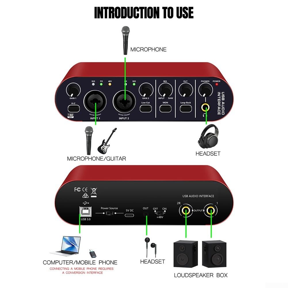 Interfaccia audio USB 24 bit 192 kHz con funzione loopback per podcasting e streaming, scheda audio esterna compatta per registrazione in studio, rosso