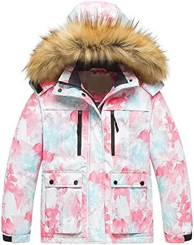 Pursky Girls' Outerwear Jackets Snowboard Ski Snow Coats Hood Pink Floral 14/16