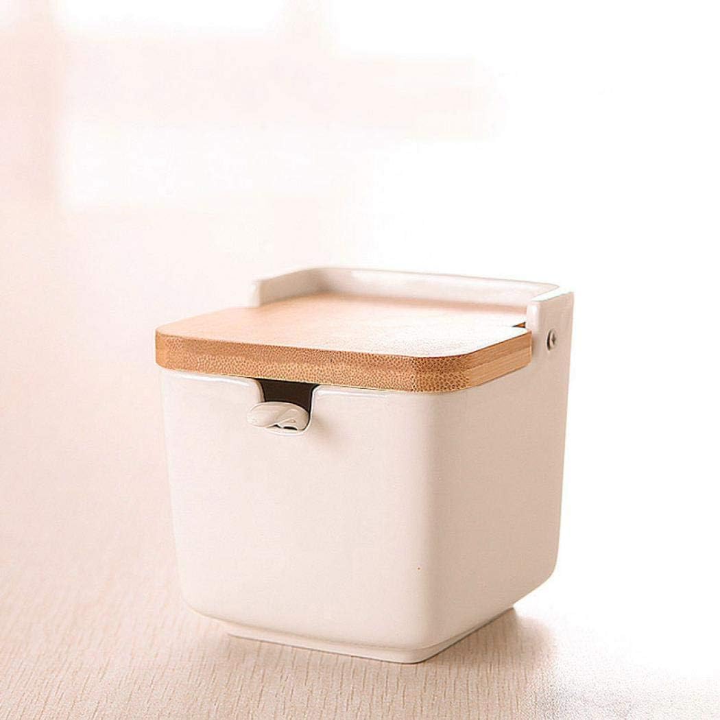 XUDREZSugar Bowl, White Ceramic Sugar Bowl Condiment Container Spice Jars with Lid Spoon and Tray-Sets for Home (Single Seasoning Pot)