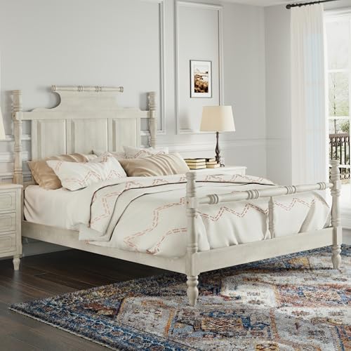 JIJIWANG King Size Platform Bed Frame Solid Wood Vintage Four Poster Bed with High Crown-Like...