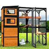 Nicedday Catio Outdoor Cat Enclosures, Large 4 Tiers Wood Cat House, Cat Enclosure Connect to Window with Weatherproof Roof, 4 Platforms, Scratching Pole & Bridge