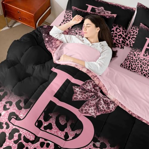 Image of Feelyou Pink Leopard Bow Comforter Set with Sheets 7 Piece King Size Initial Letter B Bed in a Bag Kids Boys Girls Girly Bowknot Bedding Set Bedroom Decor Breathable Soft Lightweight Microfiber