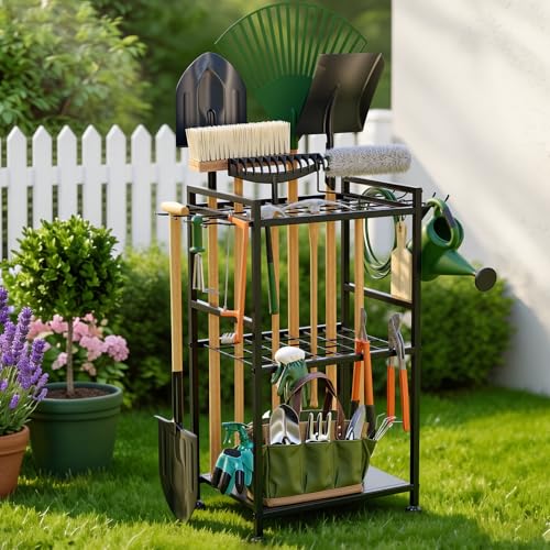 SPACECARE Garden Tool Organizer with Feet Yard Tower Rack for Garage Organization and Storage Up to 35 Long-Handled Tools/Rakes/Brooms Heavy Duty Steel Garden Tool Stand for Shed Outdoor Black