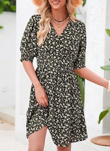 Vestido de verão floral feminino com decote em V profundo e manga bufante estilo boêmio para praia - mini - cintura alta, Preto, M