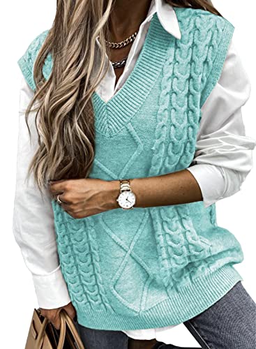 Happy Sailed Oversized Sweater Vest For Women Plus Size Casual Loose V Neck Diamond Sleeveless Sweaters Fall Winter Cozy Cable Knit Pullover Tank Tops 2022 Sky Blue 2X-Large #TOP12