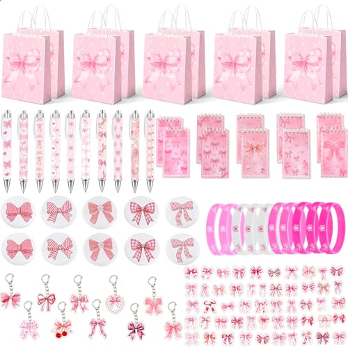 Perpetily Pink Bow Party Favors for Girls 110pcs Coquette Bow Goodie Gift Bags with Notebook Pen Mirror Stickers Wristband Girly Pink Party Supplies Bridal Shower Gifts Birthday Party Decorations