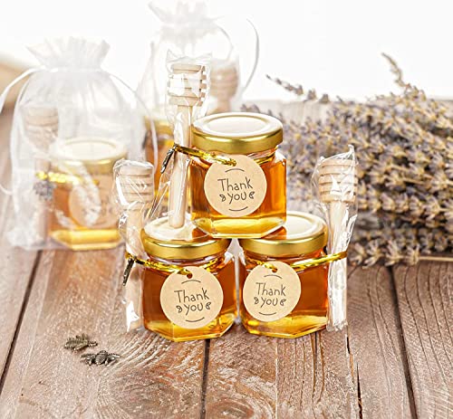 Syntic 18-Count 1.5 Oz Mini Hexagonal Glass Honey Jars With Wooden Dippers, Bee Pendant, Gift Bag, Gold Twist Tie And Tags, Small Glass Jars With Airtight Lids For Baby Shower, Spice, Candle, Herb #TOP3