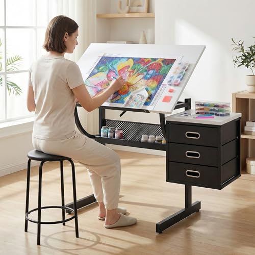 MOMONITOR White Adjustable Drafting Table with Stool & 3 Drawers Tilting Art Desk for Drawing & Crafting Multi-Functional Study & Office Desk