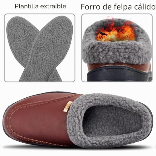 Zapatillas de casa de hombre en cuero con forro cálido de invierno 4