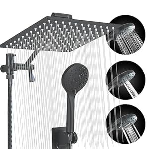 Matte Black Shower Head, High Pressure Rainfall 10 Inch Shower Head/Handheld Showerhead Combo with 10″ Extension Arm, Height/Angle Adjustable