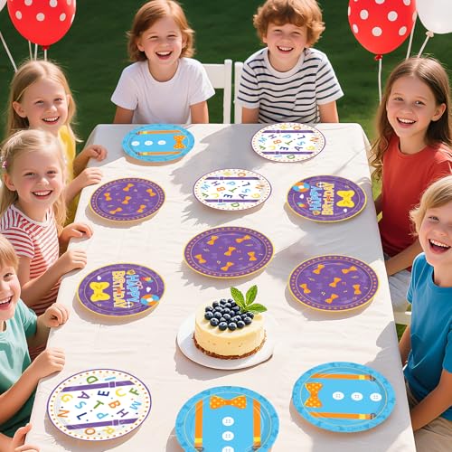 Image of 60Pcs English Teacher Paper Plates 7 inch Heavy Duty Paper Plates | Cartoon Teacher Dessert Cake Paper Plates Disposable Blue Yellow Purple Platters for Boys Girls Birthday Party Supplies