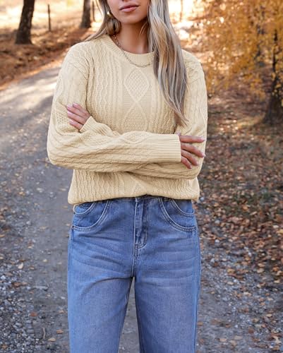 Image of Zeagoo Cable Knit Sweater Women Crewneck Long Sleeve Sweater 2024 Fall Chunky Vintage Pullover Tops