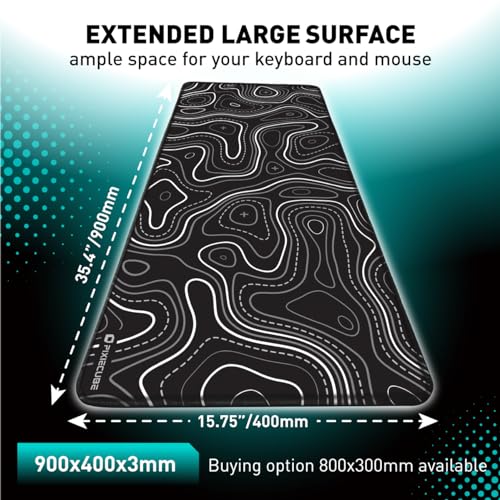 Image of Pixiecube Minimalist Topographic Map Mouse Pad - Contour Extended Large Stitch Edge Mousepad. Black & White Non-Slip XXL Gaming Desk Mat