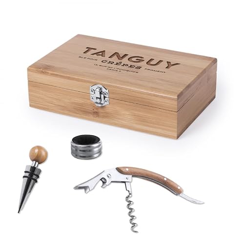 Caja de enología de bambú personalizable con grabado – Estuche de tapón de vino, anillo de stop-gotes y tapón [ Conjuntos de accesorios para vino]