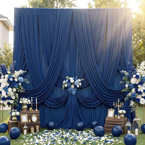 50ft×12ft Wrinkle Free Navy Blue Backdrop Curtain for Wedding Parties, 10 Panels 5×12ft Long Soft Silky Polyester Backdrop Drapes Photo Back Drop Cloth for Graduation Photography Background