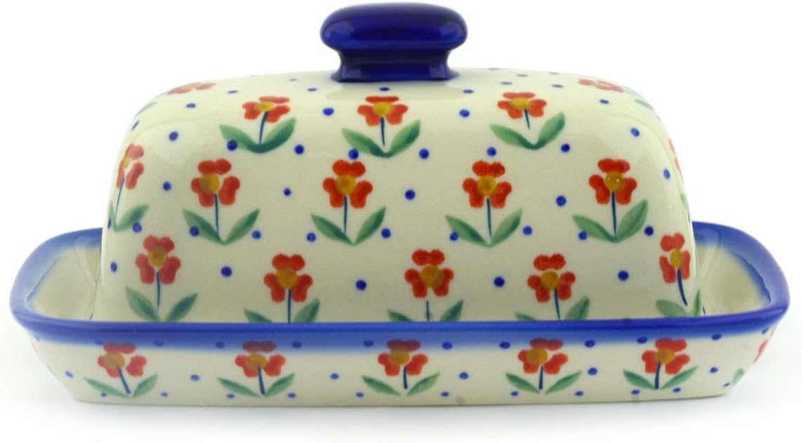 Polmedia Polish Pottery Butter Dish - Red Primrose Pattern Handmade in Boleslawiec Poland + Certificate of Authenticity