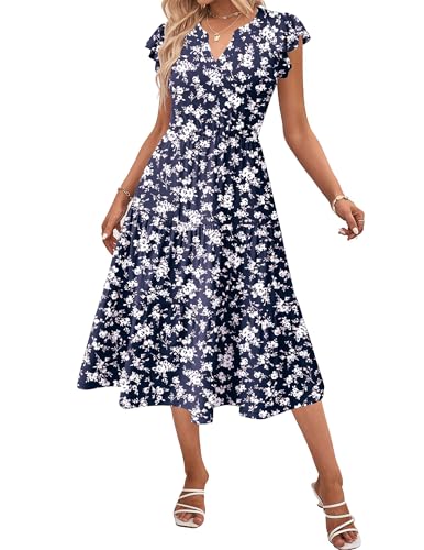 Image of ZEAGOO Womens Summer Casual Dresses Ruffle Sleeve V Neck Midi Dress Flowy Tiered Dress with Pockets Boho Sundresses