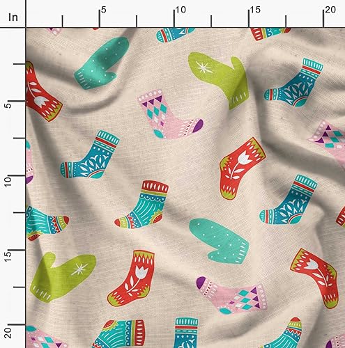 Image of Soimoi White Silk Fabric Socks & Gloves Folk Art Print Sewing Fabric Meter 42 Inch Wide