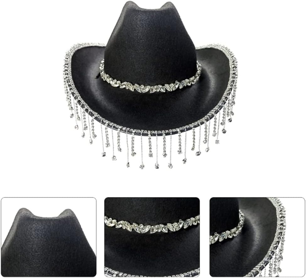 Black Cowboy Hat Women Tassel Glitter Cowboy Hat