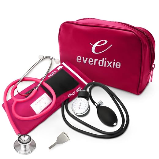 Dixie EMS Aneroid Sphygmomanometer and Dual Head Stethoscope Set with Adult Size Blood Pressure Cuff, Calibration Key and Carrying Case – Pink