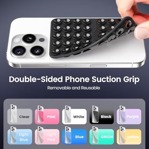 Image of 4Pack Silicone Double-Sided Suction Phone Case Detachable Mount, Octo Cup Buddy Sticky Grip for iPhone, Hands-Free Phone Accessories for Selfies and Videos, Clear & Light Pink & Black & White