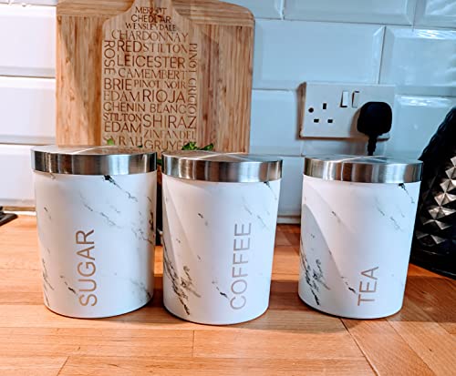 WiseAccordio Set of 3 Marble Effect Kitchen Canisters - Tea, Coffee & Sugar Storage | Airtight Lids | Countertop Canisters