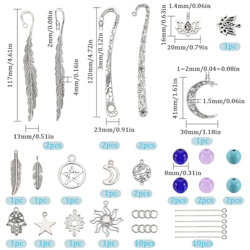 SUNNYCLUE 1 Box DIY 6 Sets Metal Bookmark Kit Metal Bookmarks Bulk Hook Bookmark Lucky Sun Star Moon Charms Bookmark Vintage Alloy Bookmark Metal Book Marks for Crafting Bookmark Making Supplies - Image 2