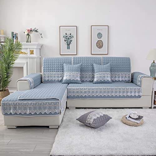 Jaijy Lace Trim Sofa Cover Plaid Quilted Non Slip Sofa Slipcover Sectional Couch Cover Oversized Thick L Shaped Couch For Pets Kids Children, 1 Piece, Light Blue, 28" W X 28" L #TOP20