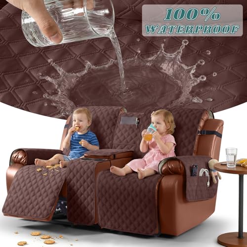 Image of Ruaozz Waterproof Loveseat Recliner Cover with Console Non-Slip Reclining Couch Covers Split Sofa Slipcovers with Elastic Straps Furniture Protector for Kids, Dogs, Pets (Coffee, 2 Seater)