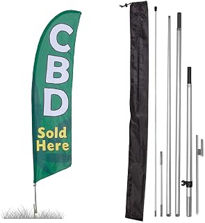Vispronet Premium CBD Feather Flag Kit - Includes 13ft Sectional Aviation Grade Fiberglass Poles, CBD Flag, Ground Stake Pole Sleeve Bag