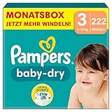 Pampers Windeln Größe 3 (6-10kg) Baby-Dry, Midi, MONATSBOX, bis zu 12 Stunden Rundum-Auslaufschutz, 222 Stück