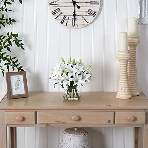 Nearly Natural 1434 Lily Silk Arrangement With Glass Vase,White,17.25'' X 7'' X 7'' #TOP1