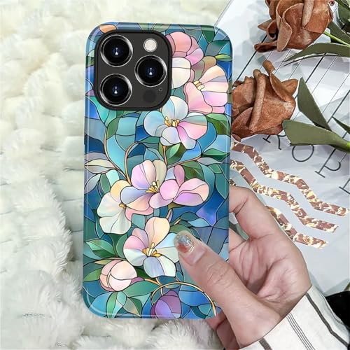 Coque iPhone 14 Pro Max rose et bleu floral, idée cadeau originale - 6