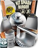 SMASHI® Smash Burger Kit Profesional Acero Inoxidable 304 Certificado EU Contacto Alimentos | Prensa Hamburguesas + 2 Espátulas con Mango de Madera + Accesorios | Incluye 25 Recetas (AVANZADO)