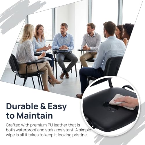 Image of HNY Black Tablet Arm Chairs Set of 15, PU Comfort Office Waiting Room Guest Nesting Stacking Chairs, Reception Chair with Flip-Up Table Conference Chair for School Classroom Training Meeting Room