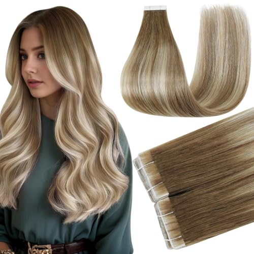 Full Shine Injected Tape In Hair Extensions, Brown Blonde 20 Inch