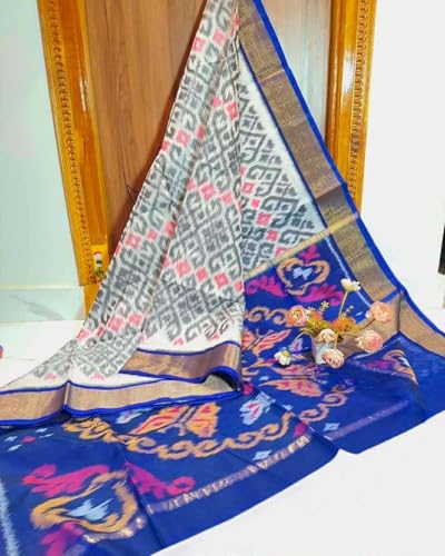 Image of AYYAPPASILK Women's Exclusive Ikkat Silk Saree for Designer Border with Contrast Blouse