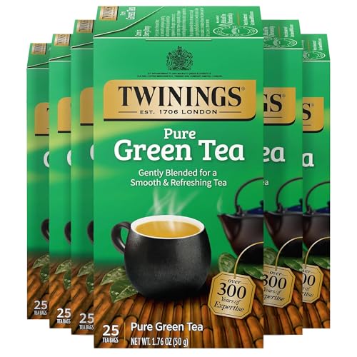 Twinings Pure Green Tea Individually Wrapped Bags, 25 Count (Pack of 6), Smooth Flavour, Enticing Aroma, Caffeinated, Enjoy Hot or Iced, 150 Teabags