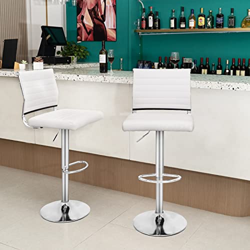 Sunseen Square Modern Pu Leather Bar Stools, Adjustable Swivel Hydraulic Bar Chairs, Armless Counter Height Stool For Dinning Kitchen Set Of 2 (White) #TOP6