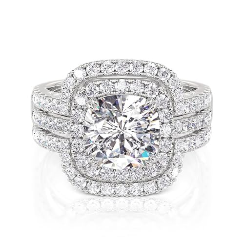 Jeulia 2PCS Wedding Bridal Band Ring Enhancer Engagement Ring Set for Women Halo Split Shank Cushion Cut 925 Sterling Silver Ring Romantic Anniversary Promise Gift with Jewelry Box