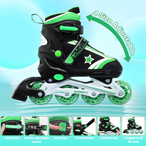 SMOOJOY Kids Inline Skates for Boys, Girls and Youth, All Light-Up Wheels Aluminum Frame Blade Black Green Skate for Beginners Ages 5-8, Perfect for Indoors and Outdoors