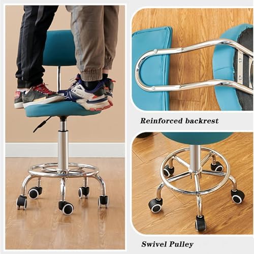 Swivel Rolling Pub Stool with Backrest - PU Leather Seat, Adjustable Height, Multi-Purpose Vanity Chair for Home, Salon, Study, Dressing Table - Black