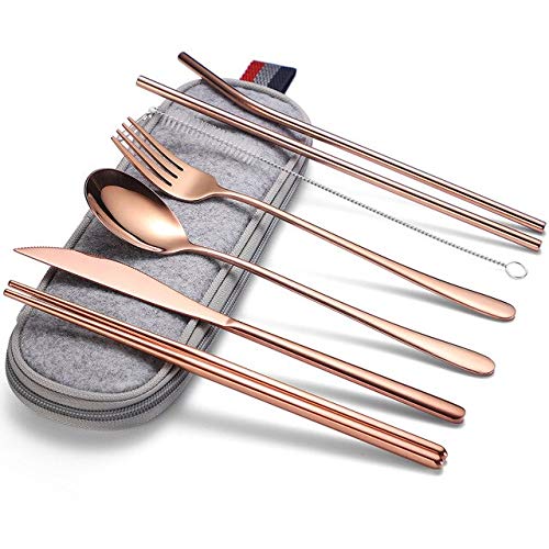 Portable Stainless Steel Solid Cutlery Utensil Set with Waterproof Case (Rose Light) - 7 Pieces