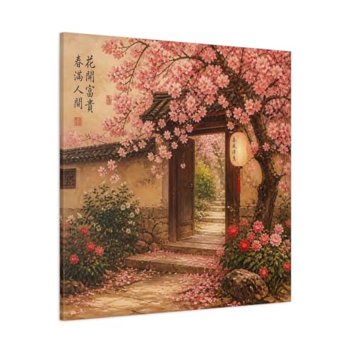 Décoration murale grand tableau cerisier en fleurs rose et nature asiatique 90x90