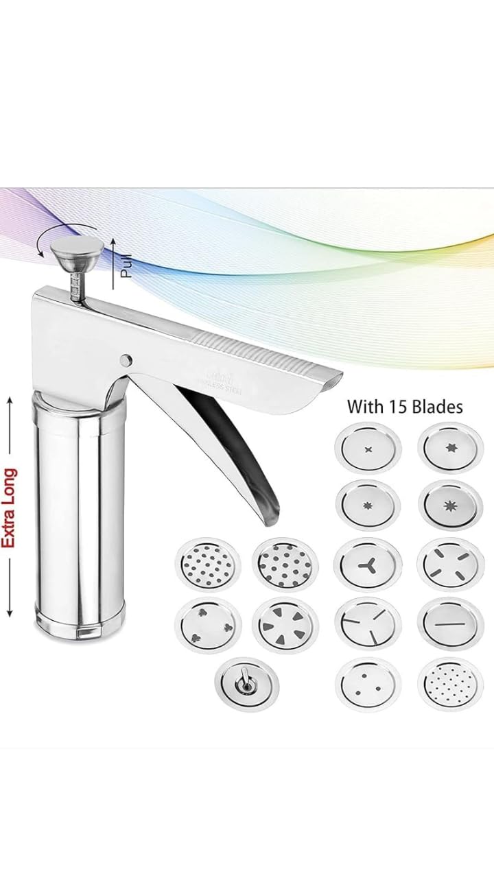 AARNAV Pressa da cucina in acciaio inox multifunzione con 15 dischi, 6 coni per torte, biscotti, set per glassa