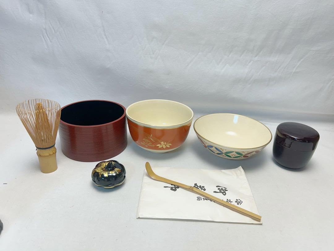 Amazon.co.jp: 茶道具 天然木製 古代朱塗 短册箱 茶器揃 九点セット  