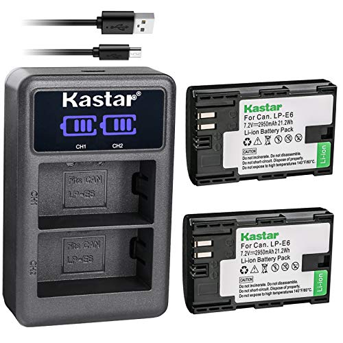 Kastar Battery X2 + LCD Charger Replacement for Canon LP-E6 LP-E6N EOS 60D 60Da 70D 80D 90D XC10 5D Mark II 5D Mark III 5D Mark IV, EOS 5DS 5DS R, EOS 6D 7D Mark II, BG-E14 BG-E13 BG-E11 BG-E9 BG-E6