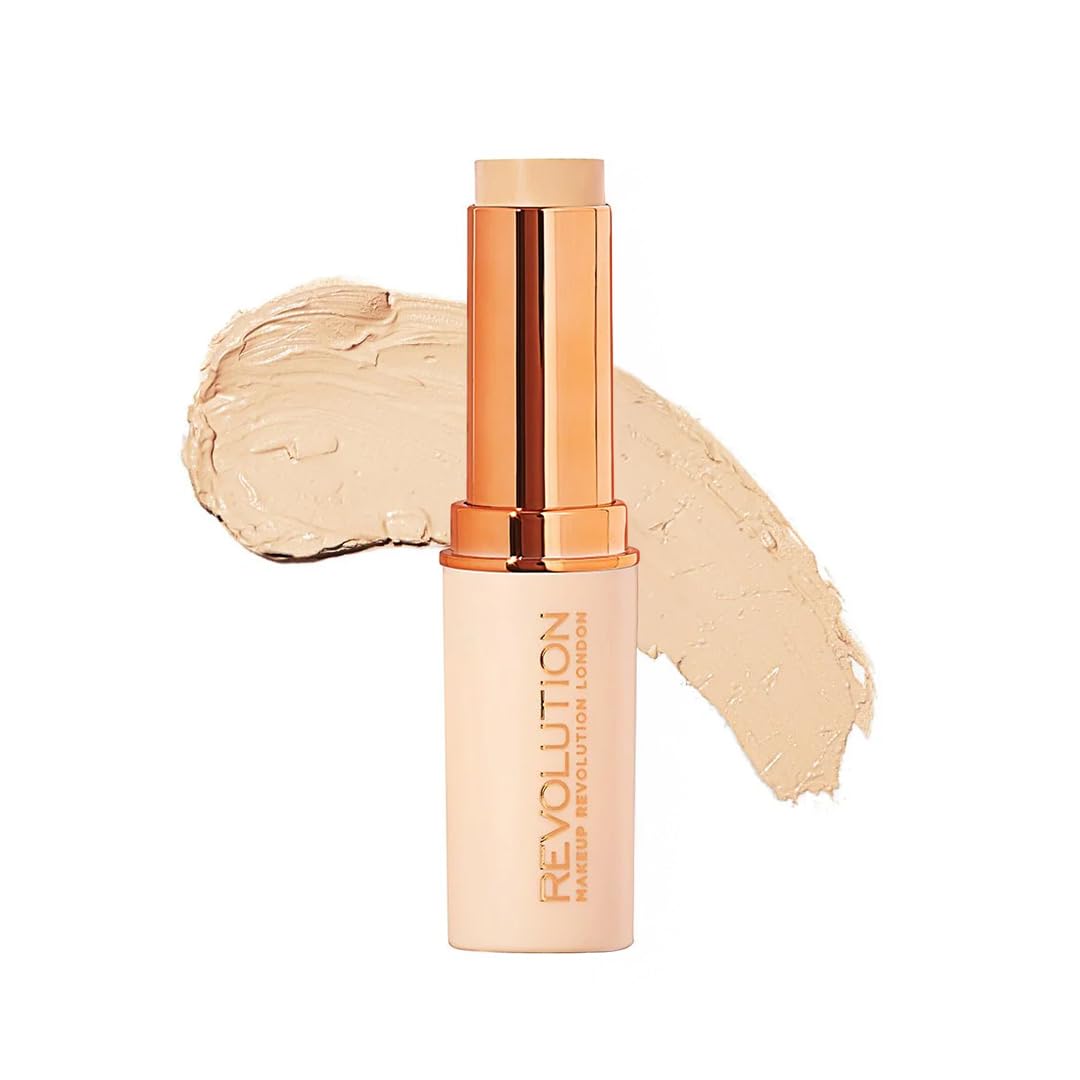 Makeup Revolution Fast Base Stick Foundation, Contour & Highlight, Flawless Skin & Matte Finish, F2 for Fair Skin Tones with Yellow Undertone, Vegan & Cruelty-Free, 0.21 Oz